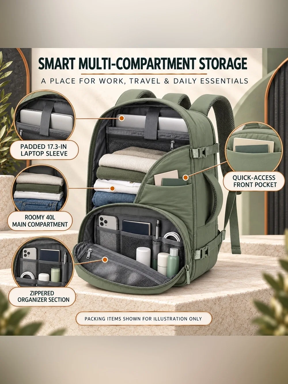 Puffer Travel Backpack 18x14x8 Personal Item 17.3” Laptop Beige